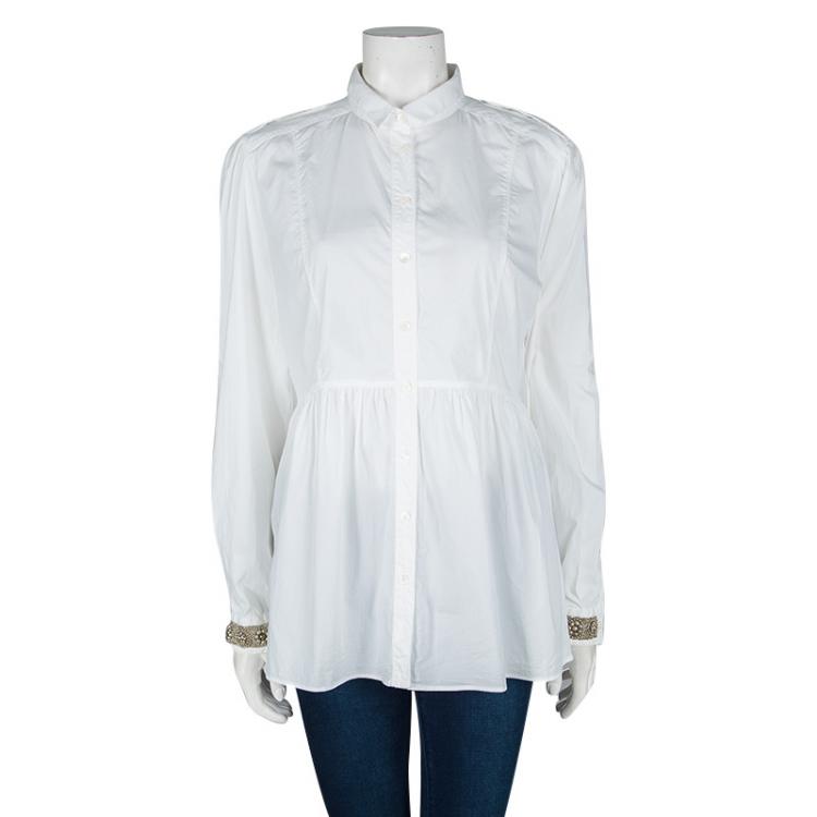 مملوكة مسبقًا Burberry White Cotton Embellished Cuff Detail Gathered Long Sleeve Shirt L