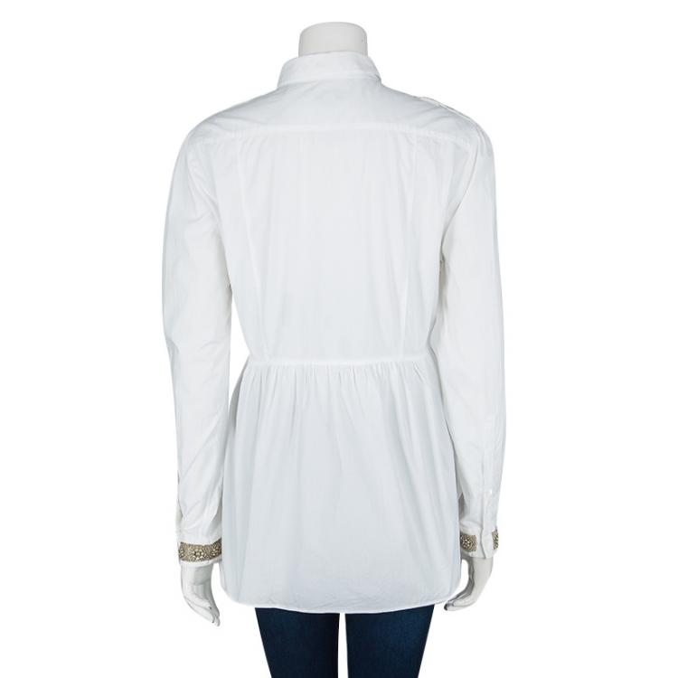 مملوكة مسبقًا Burberry White Cotton Embellished Cuff Detail Gathered Long Sleeve Shirt L