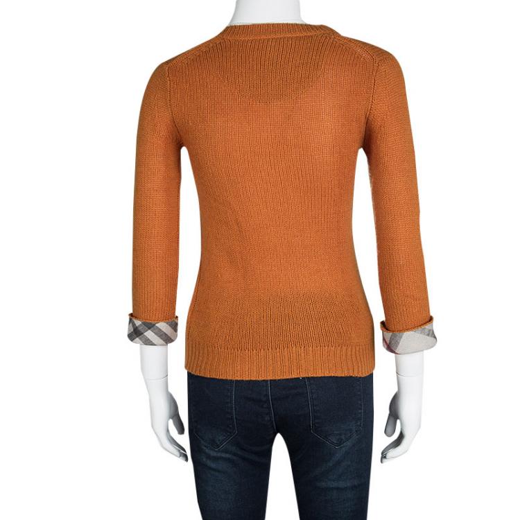 Pre Owned Burberry Brit Orange Wool Cashmere Novacheck Cuff Detail Sweater XS