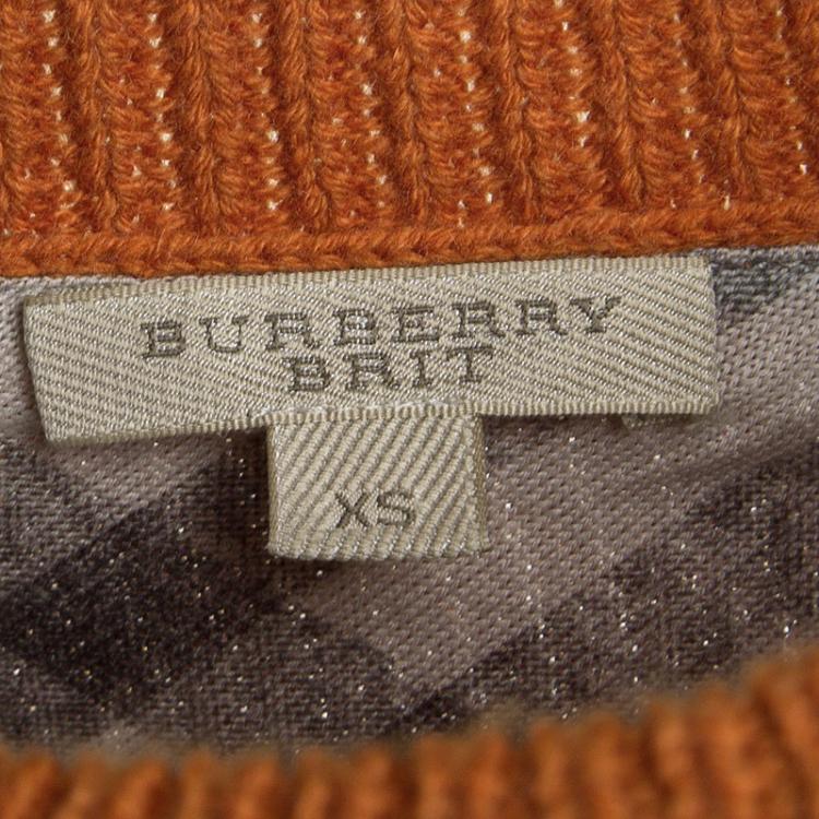 Pre Owned Burberry Brit Orange Wool Cashmere Novacheck Cuff Detail Sweater XS