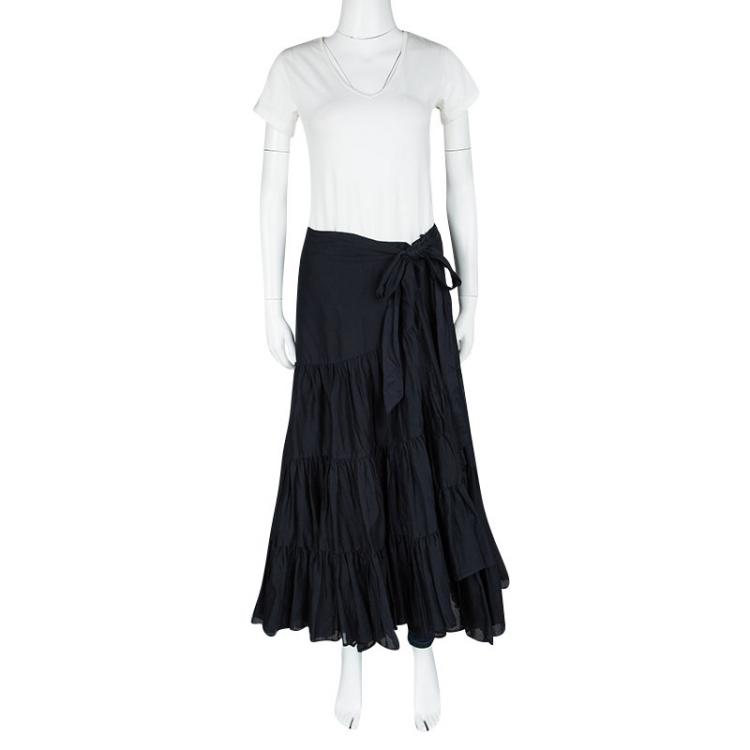 مملوكة مسبقًا Burberry London Navy Blue Cotton Gathered Tiered Faux Wrap Skirt M
