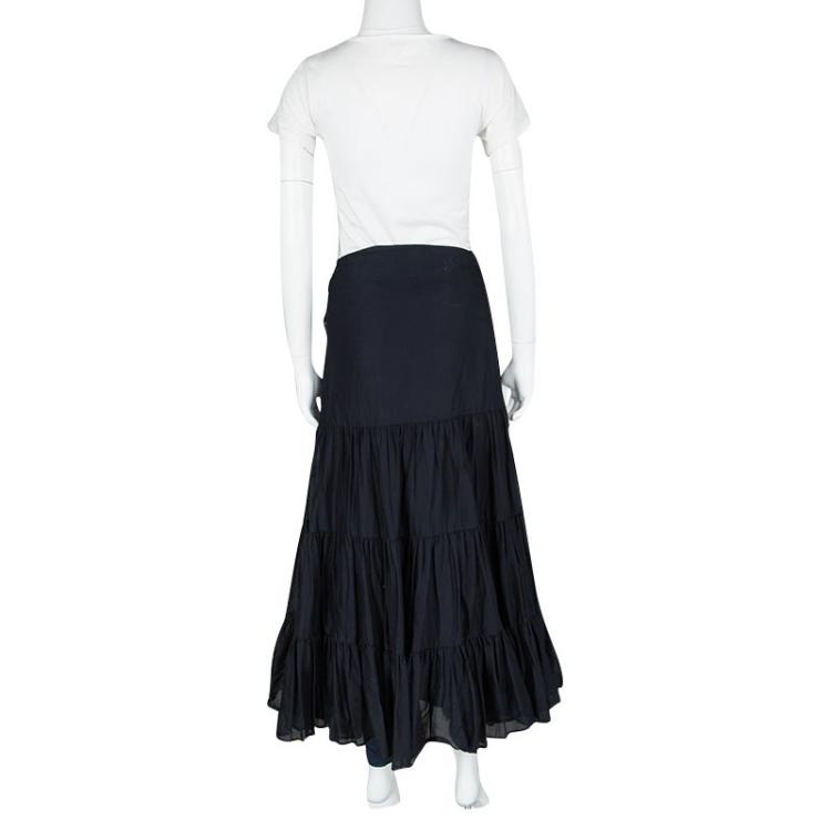 مملوكة مسبقًا Burberry London Navy Blue Cotton Gathered Tiered Faux Wrap Skirt M