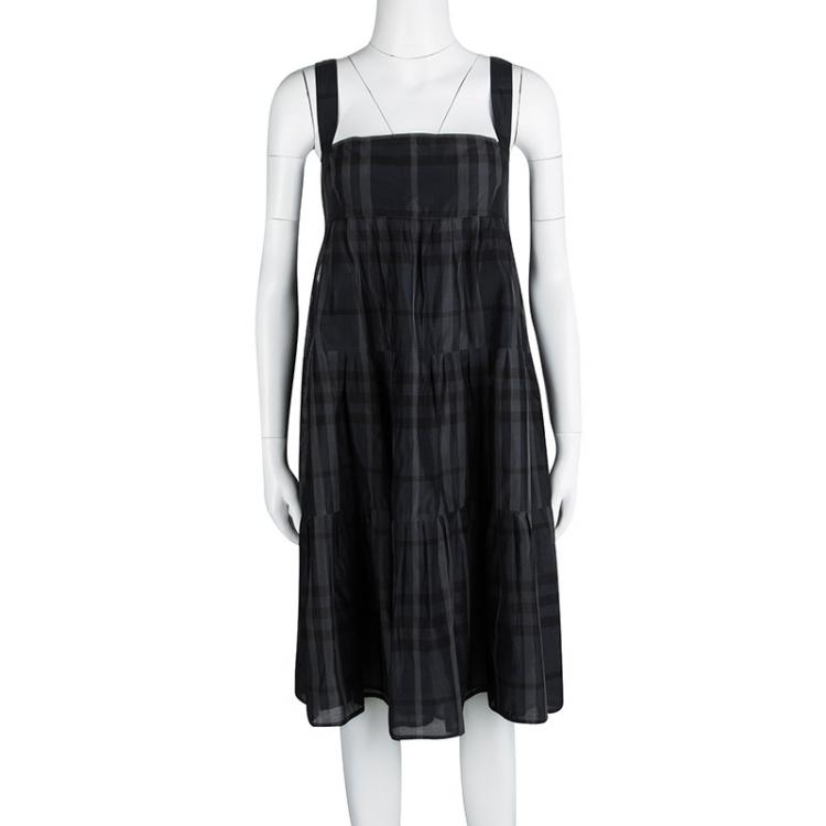 Pre Owned Burberry London Navy Blue Checkered Cotton Silk Tiered Sleeveless Dress M