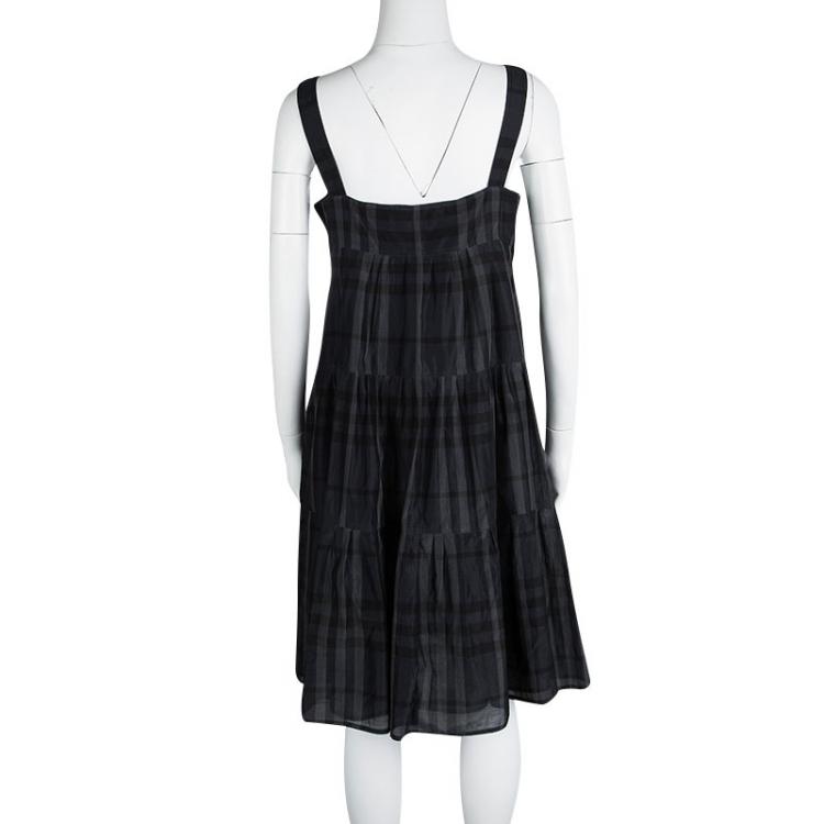 Pre Owned Burberry London Navy Blue Checkered Cotton Silk Tiered Sleeveless Dress M
