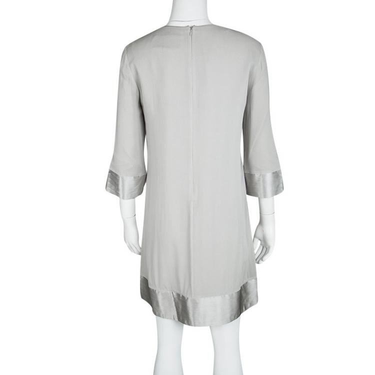 Pre Owned Burberry London Pale Grey Silk Pleated Satin Trim Shift Dress S
