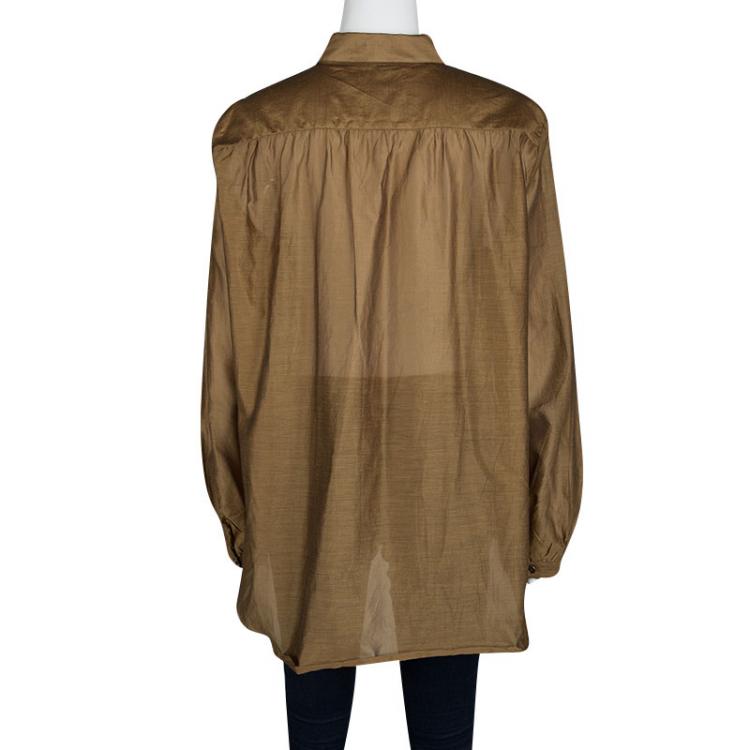 Pre Owned Burberry Brit Brown Raw Cotton-Silk Ruffle Trim Long Sleeve Shirt L
