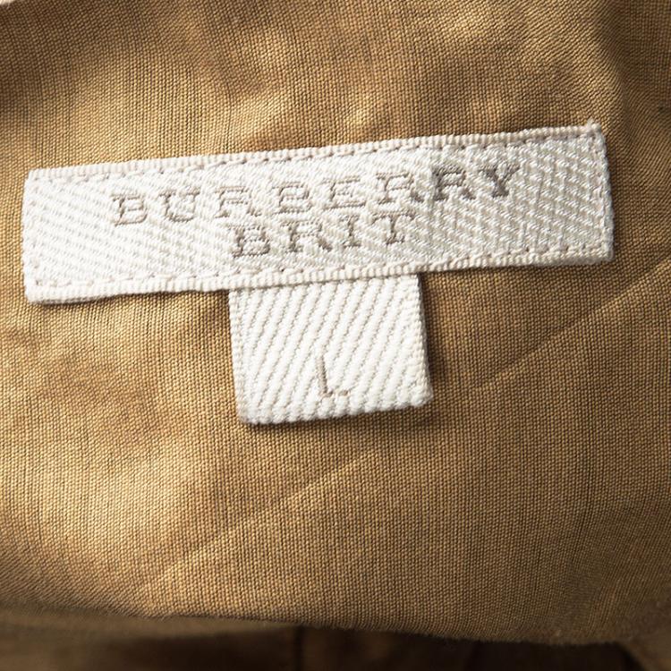 Pre Owned Burberry Brit Brown Raw Cotton-Silk Ruffle Trim Long Sleeve Shirt L