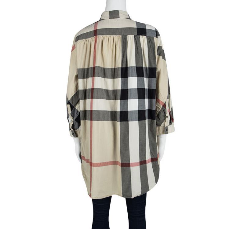 مملوكة مسبقًا Burberry Beige  Novacheck Cotton Gathered Long Sleeve Tunic L