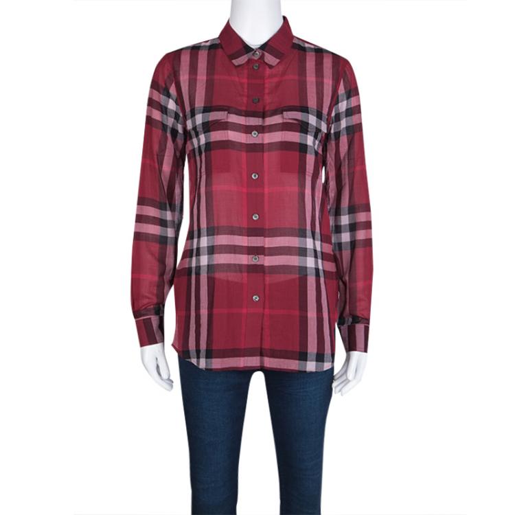 Burberry Brit Red Checked Cotton Voile Long Sleeve Button Front Shirt S  Burberry | TLC