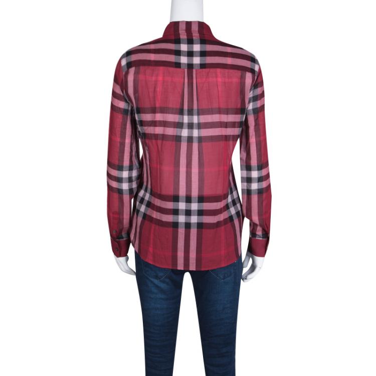 مملوكة مسبقًا Burberry Brit Red Checked Cotton Voile Long Sleeve Button Front Shirt S