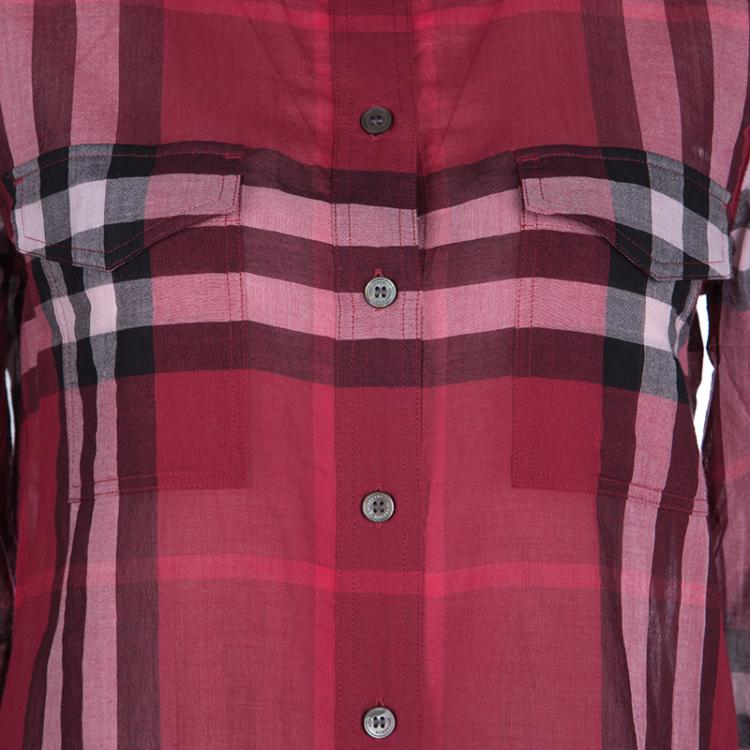مملوكة مسبقًا Burberry Brit Red Checked Cotton Voile Long Sleeve Button Front Shirt S