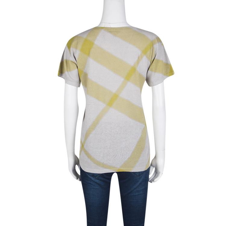 Pre Owned Burberry Brit Grey and Mustard Yellow Checked Knit Top M