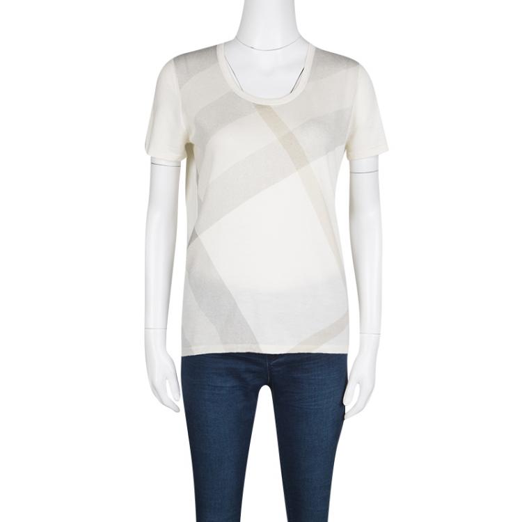مملوكة مسبقًا Burberry Brit Cream and Grey Checked Knit Top M