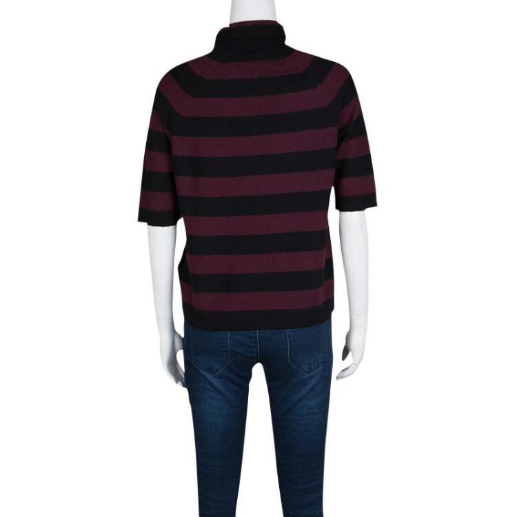 Pre Owned Burberry Brit Black and Burgundy Striped Cashmere Short Sleeve Sweater M