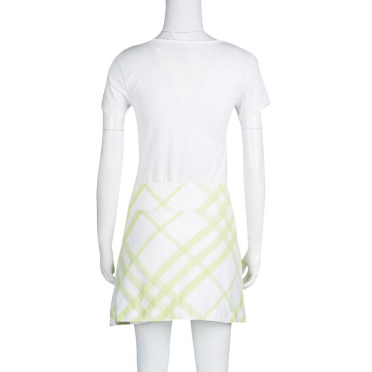 Pre Owned Burberry London White and Green Checked Denim Mini Skirt M