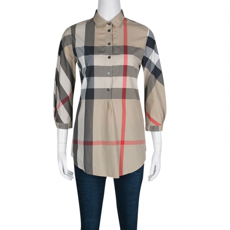 Pre Owned Burberry Brit Beige Novacheck Cotton Half Placket Shirt S