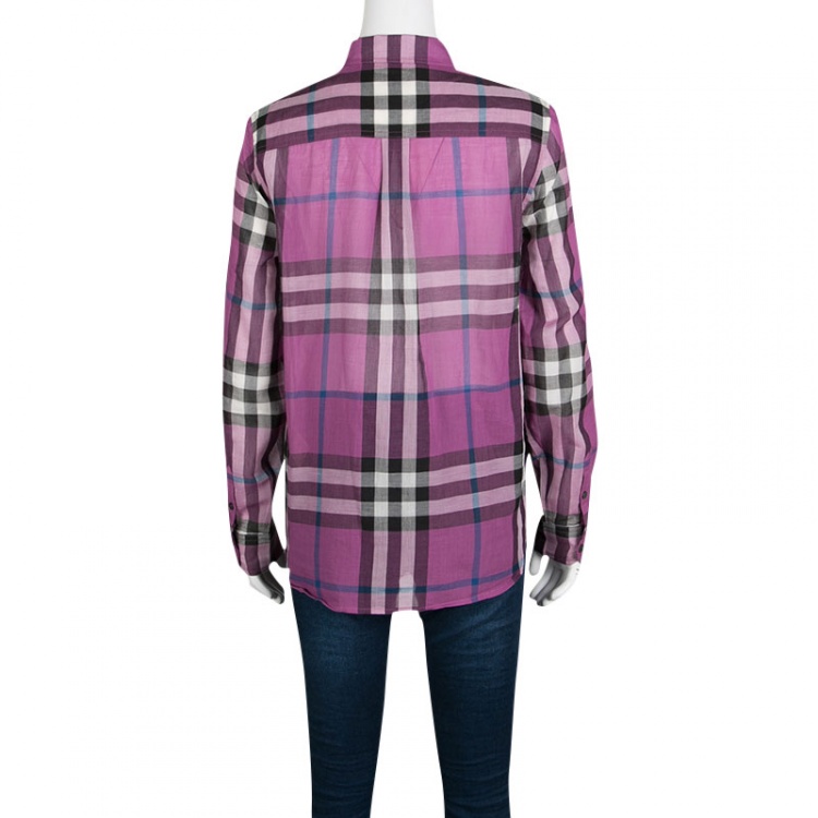 مملوكة مسبقًا Burberry Brit Purple Checked Cotton Long Sleeve Button Front Sheer Shirt S