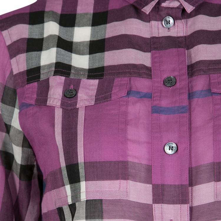 مملوكة مسبقًا Burberry Brit Purple Checked Cotton Long Sleeve Button Front Sheer Shirt S