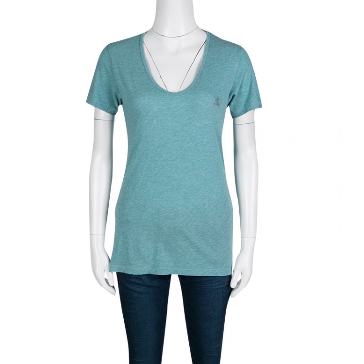 مملوكة مسبقًا Burberry Brit Blue Slub Cotton Embroidered Logo V-Neck T-Shirt S
