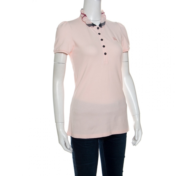 Pre Owned Burberry London Pink Checked Collar Detail Honeycomb Knit Polo T-Shirt S