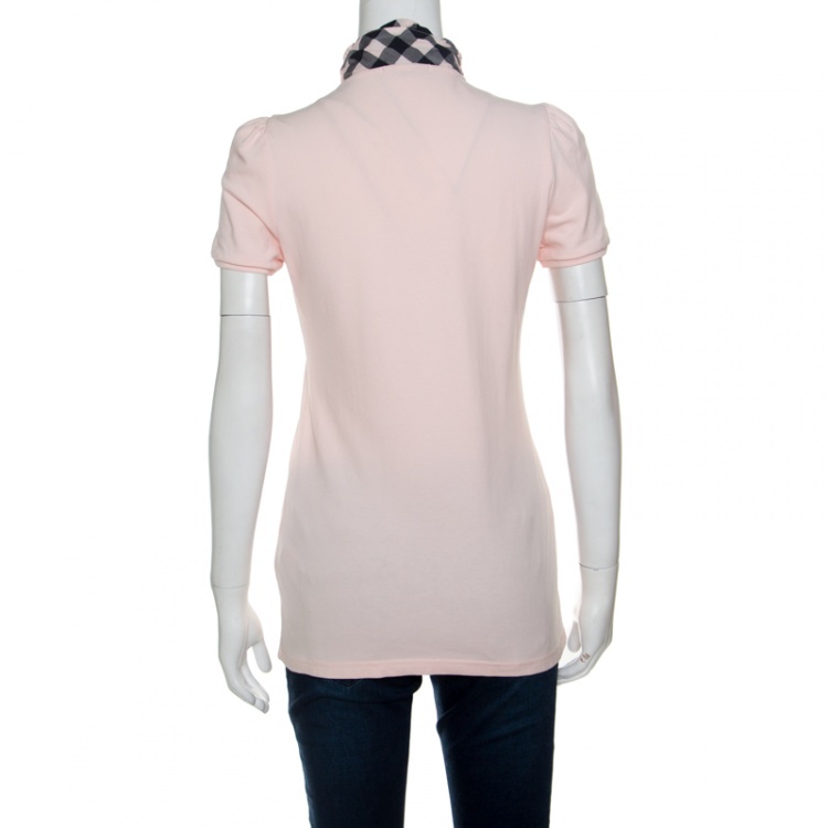 Pre Owned Burberry London Pink Checked Collar Detail Honeycomb Knit Polo T-Shirt S