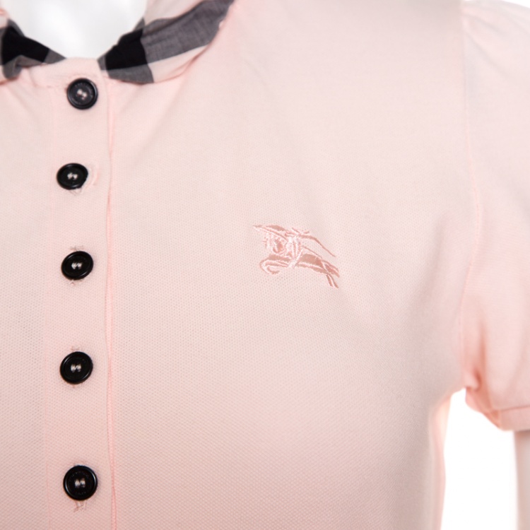 Pre Owned Burberry London Pink Checked Collar Detail Honeycomb Knit Polo T-Shirt S
