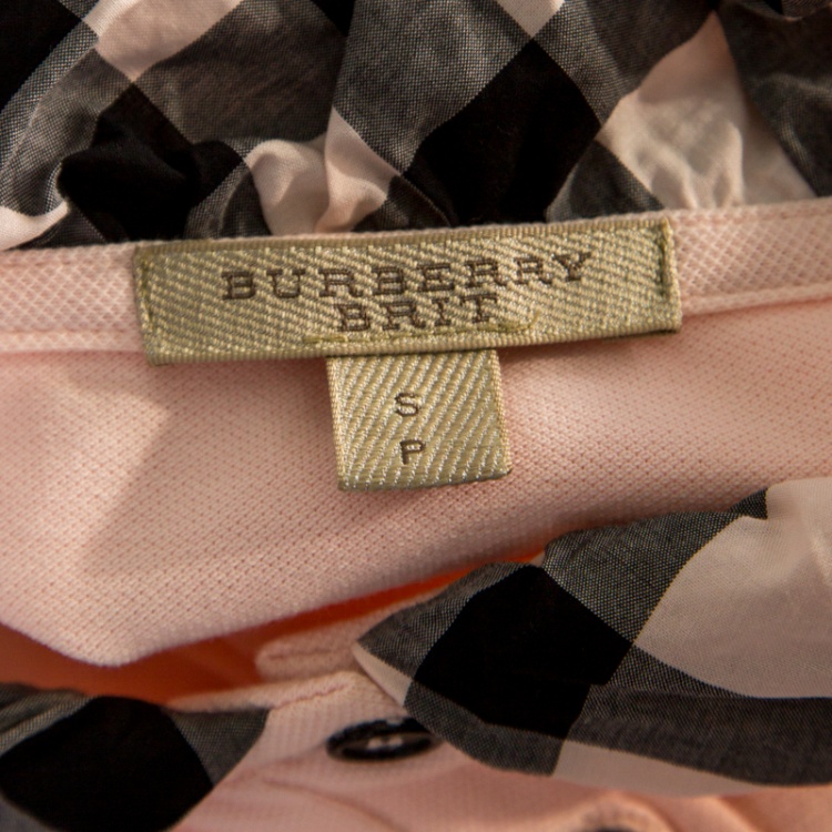 Pre Owned Burberry London Pink Checked Collar Detail Honeycomb Knit Polo T-Shirt S