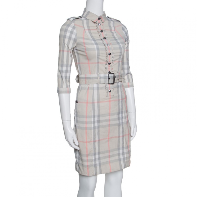 Pre Owned Burberry Brit Beige Novacheck Ruffle Detail Belted Dress XS