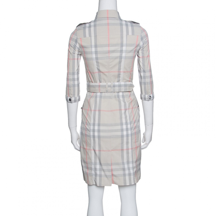 Pre Owned Burberry Brit Beige Novacheck Ruffle Detail Belted Dress XS