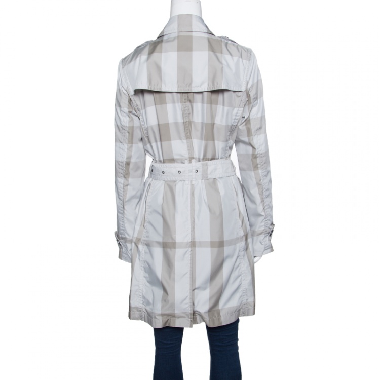 Pre Owned Burberry Grey Checked Short Belted Double Breasted Trench Coat M