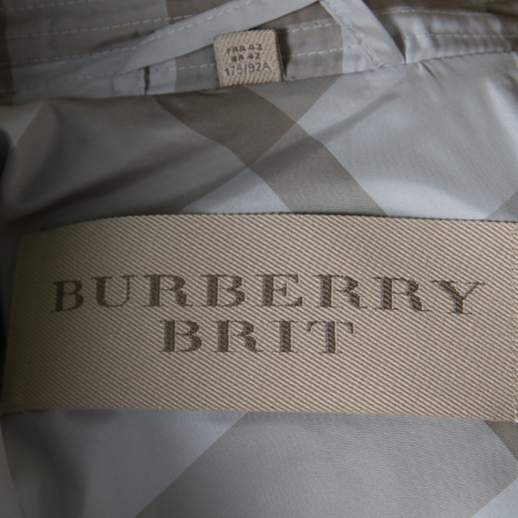 Pre Owned Burberry Grey Checked Short Belted Double Breasted Trench Coat M