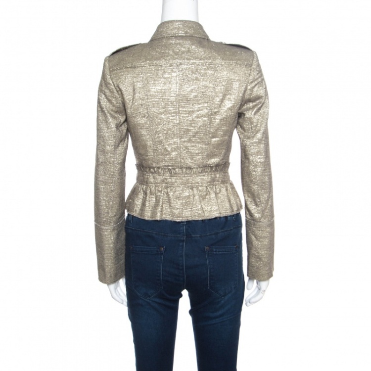 Pre Owned Burberry London Metallic Gold Ruffled Frayed Trim Cropped Jacket S