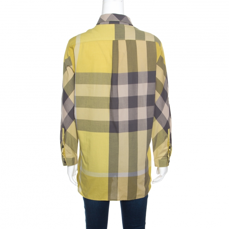 Pre Owned Burberry Brit Grey and Mustard Novacheck Cotton Ruched Placket Detail Shirt L