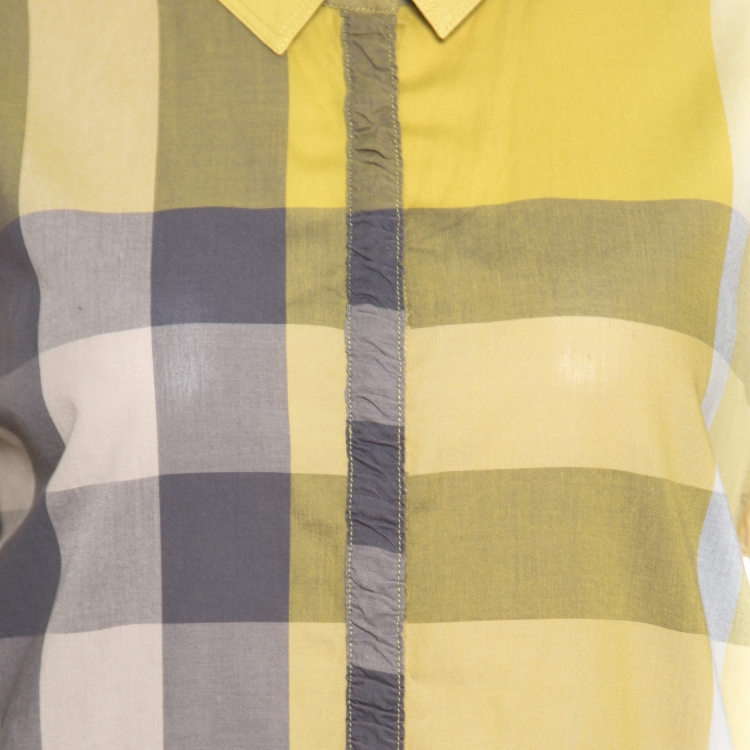 Pre Owned Burberry Brit Grey and Mustard Novacheck Cotton Ruched Placket Detail Shirt L