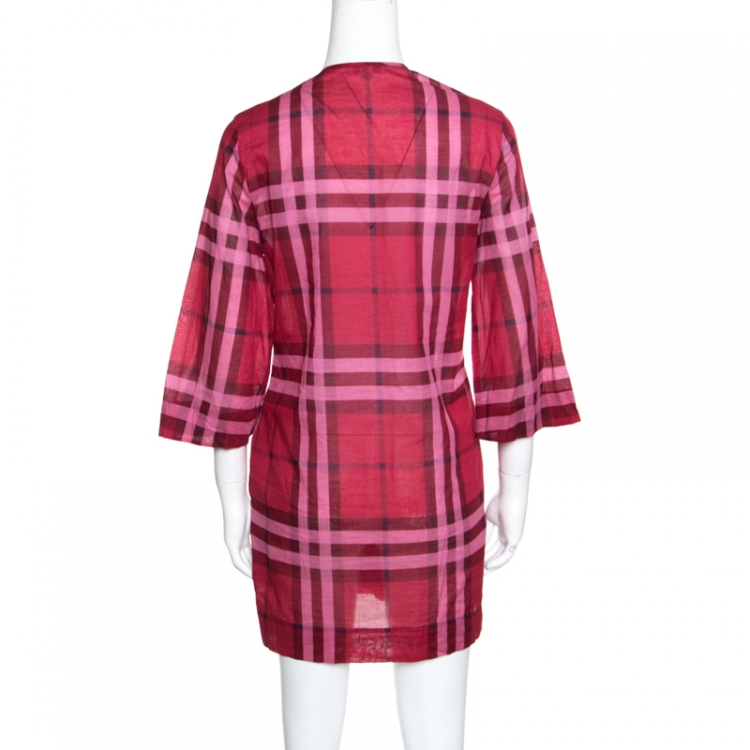 Pre Owned Burberry Brit Red Cotton Check Long Sleeve Tunic Dress S