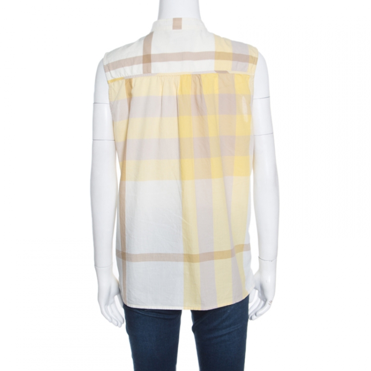 Pre Owned Burberry Brit Multicolor Checked Cotton Neck Tie Detail Sleeveless Blouse L