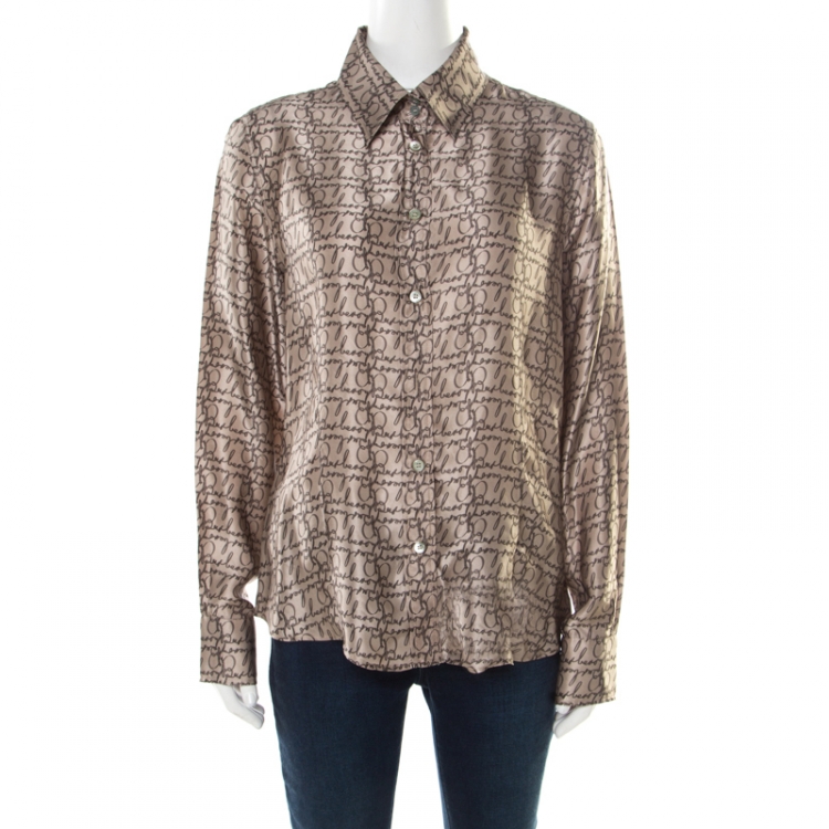 Burberry London Beige Logo Printed Silk Long Sleeve Button Front Shirt XL  Burberry | TLC