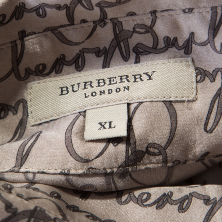 Pre Owned Burberry London Beige Logo Printed Silk Long Sleeve Button Front Shirt XL