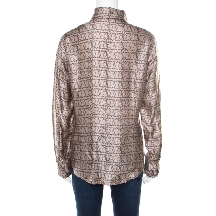 Pre Owned Burberry London Beige Logo Printed Silk Long Sleeve Button Front Shirt XL