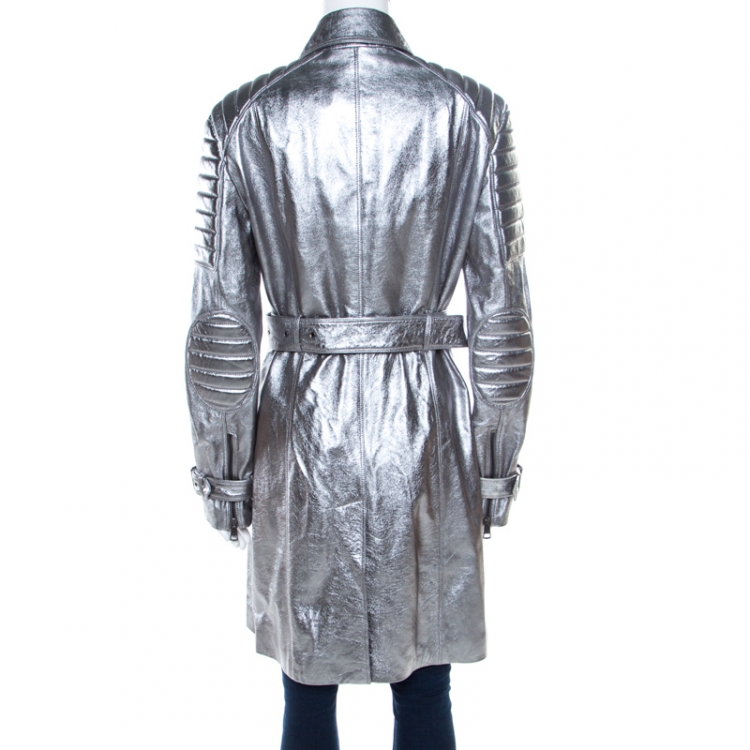 Pre Owned Burberry London Metallic Lamb Leather Belted Trench Coat M