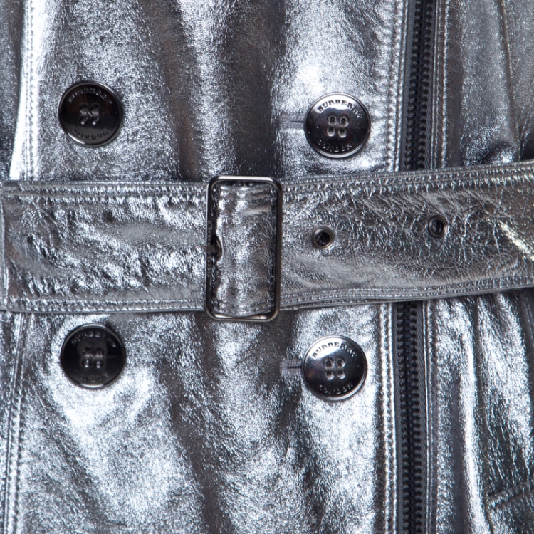 Pre Owned Burberry London Metallic Lamb Leather Belted Trench Coat M