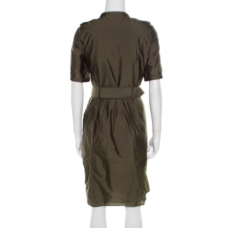 Pre Owned Burberry London Olive Green Ruffle Trim Belted Short Sleeve Dress S 