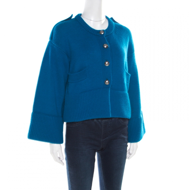 Pre Owned Burberry London Blue Cashmere Cropped Logo Button Cardigan S