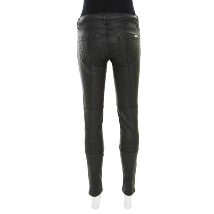 Pre Owned Burberry Brit Deep Olive Green Coated Denim Paneled Skinny Ankle Jeans M