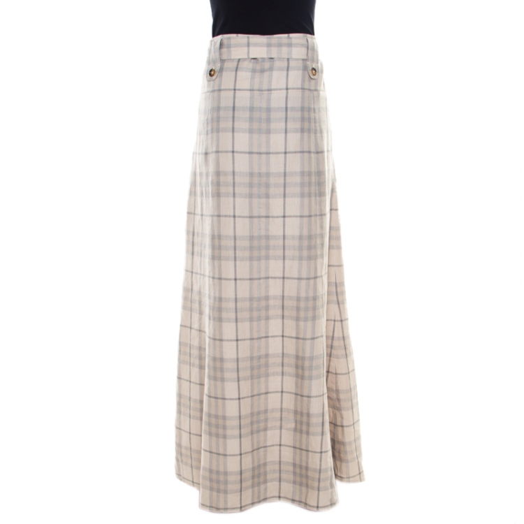 Pre Owned Burberry London Beige Checked Linen Belted Maxi Skirt L