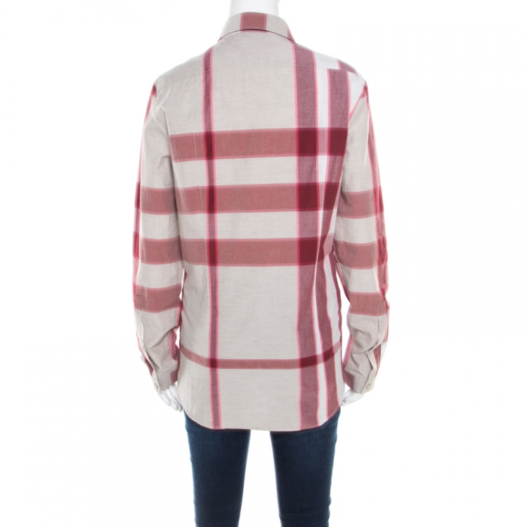 Pre Owned Burberry Pale Pink Checked Cotton Long Sleeve Shirt L