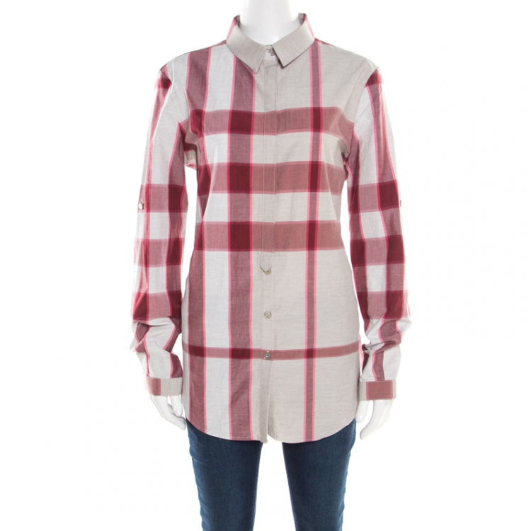 Pre Owned Burberry Pale Pink Checked Cotton Long Sleeve Shirt L