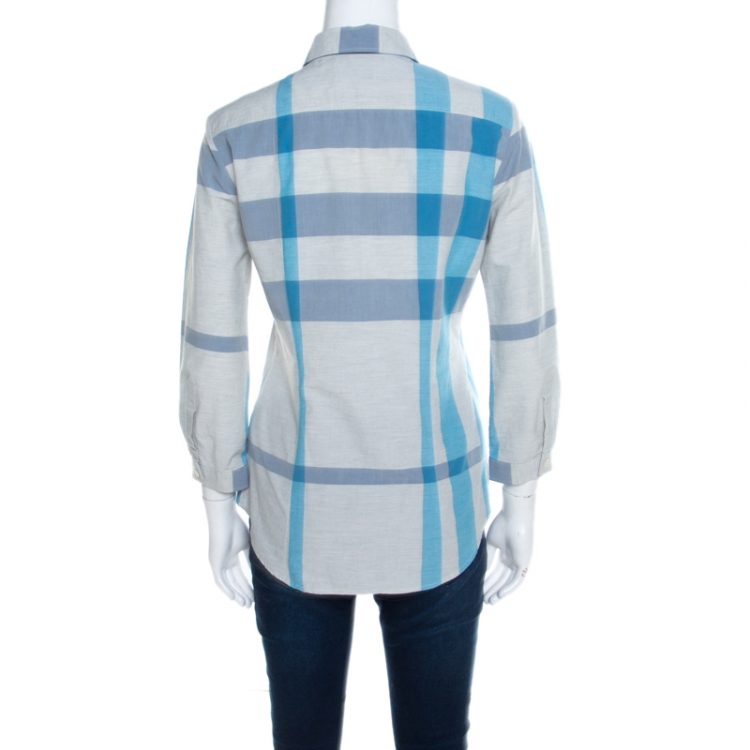 Pre Owned Burberry Brit Grey and Blue Checked Cotton Blouson Sleeve Shirt XS