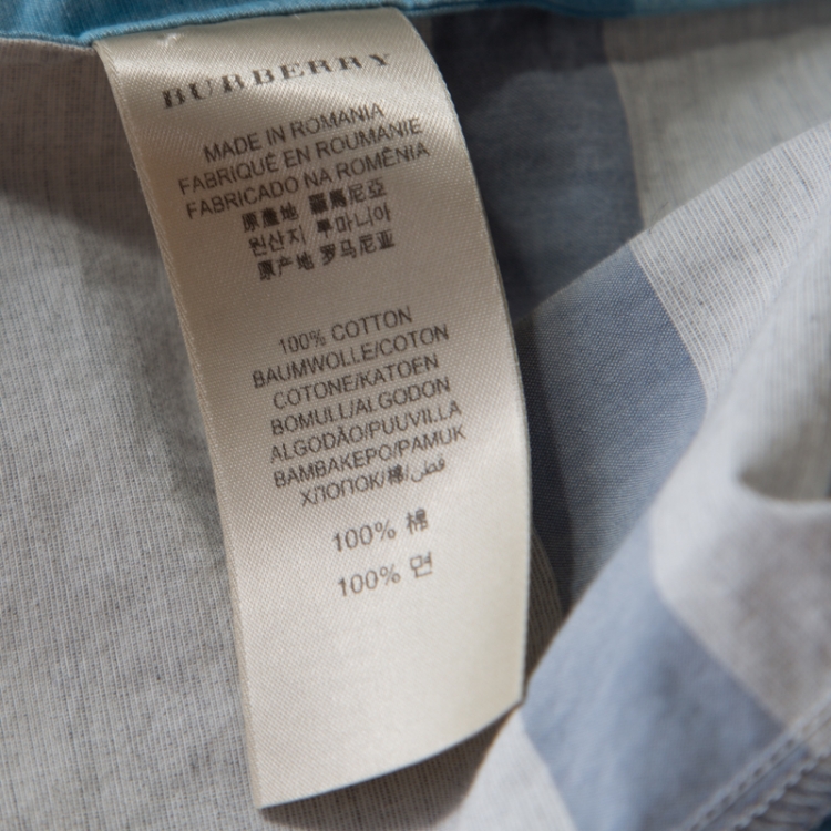 Pre Owned Burberry Brit Grey and Blue Checked Cotton Blouson Sleeve Shirt XS