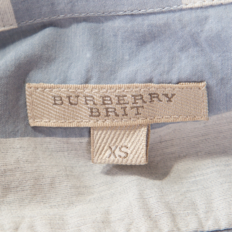 Pre Owned Burberry Brit Grey and Blue Checked Cotton Blouson Sleeve Shirt XS